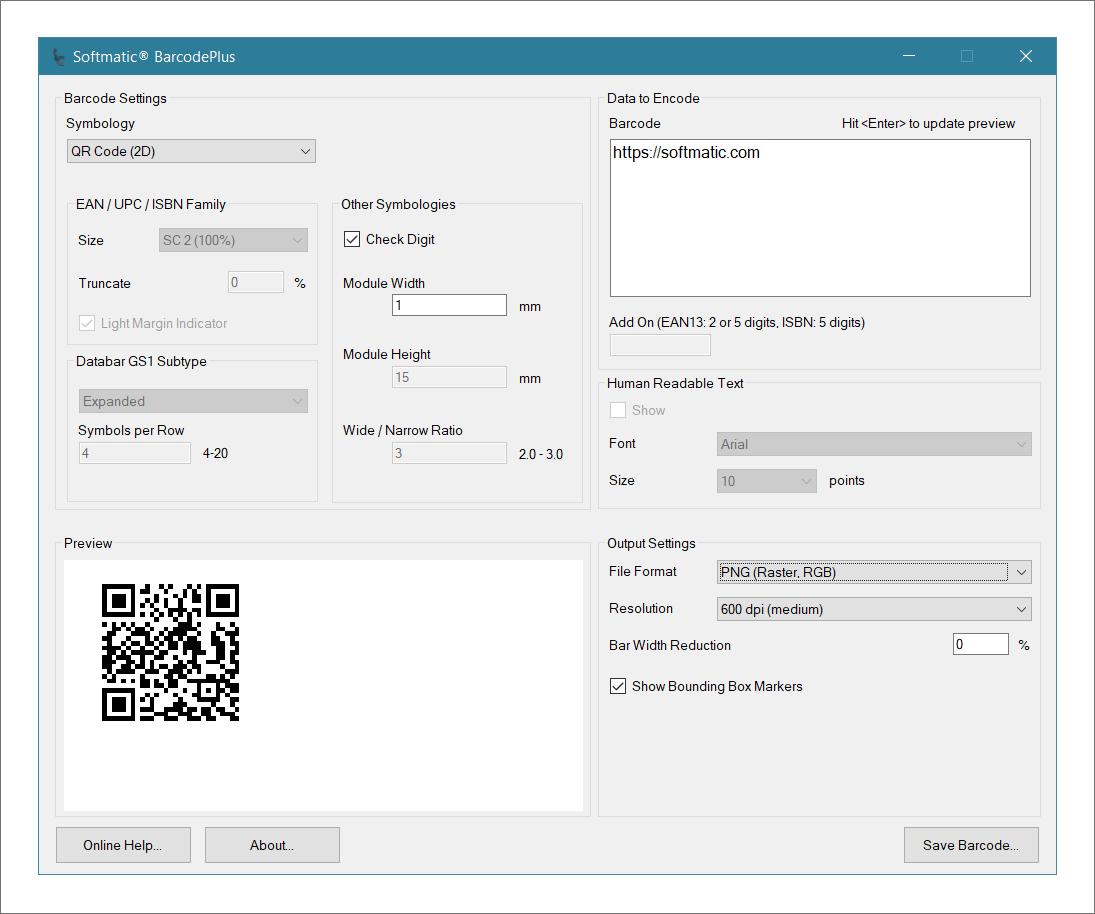 Screenshot of Softmatic Barcode Software creating Code QR barcode